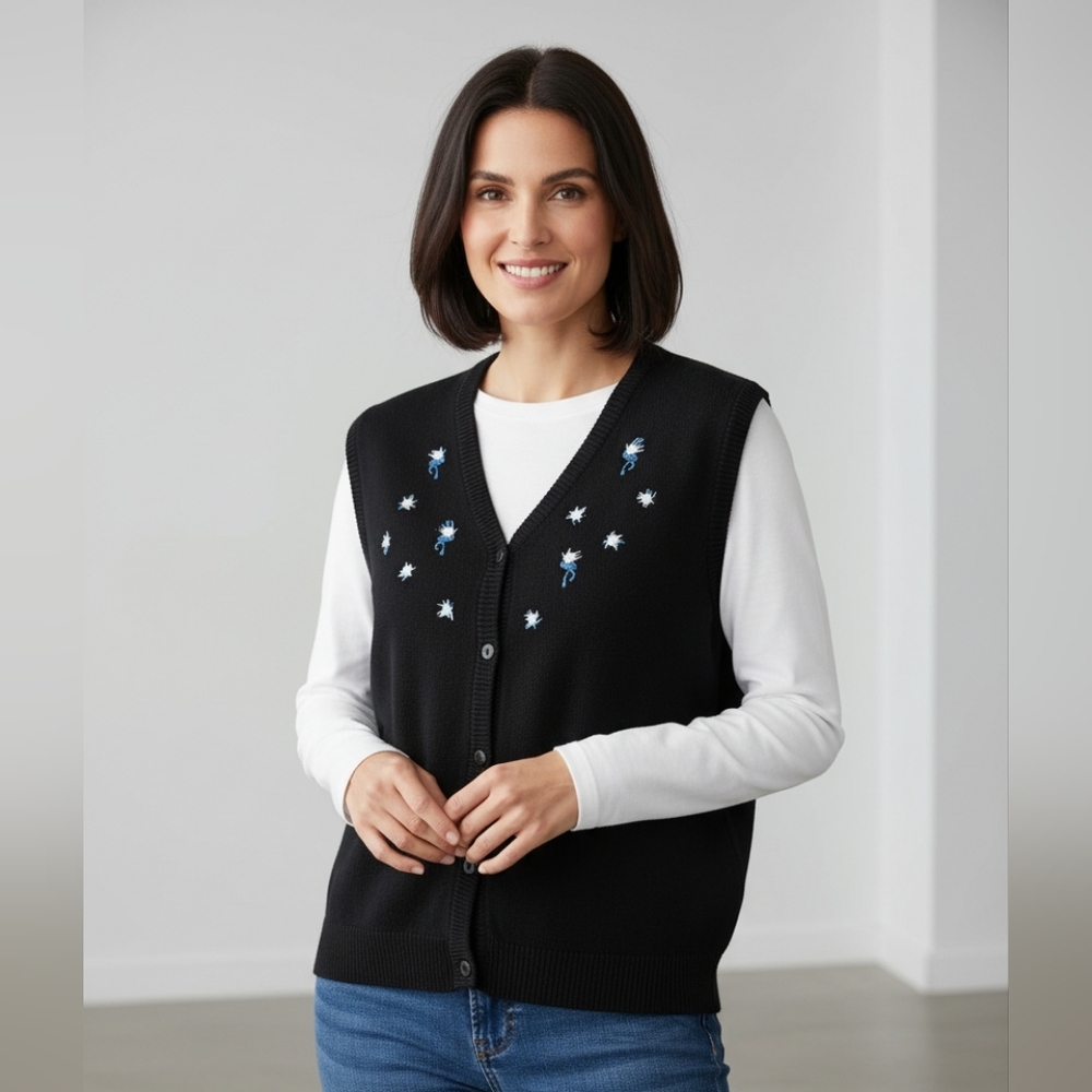 Vintage Tabi International 100% Cotton Embroidered Black Sweater Vest Size L